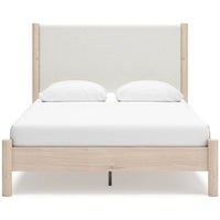 Mooran Queen Size Bed, White Polyester Upholstery, Light Brown Wood