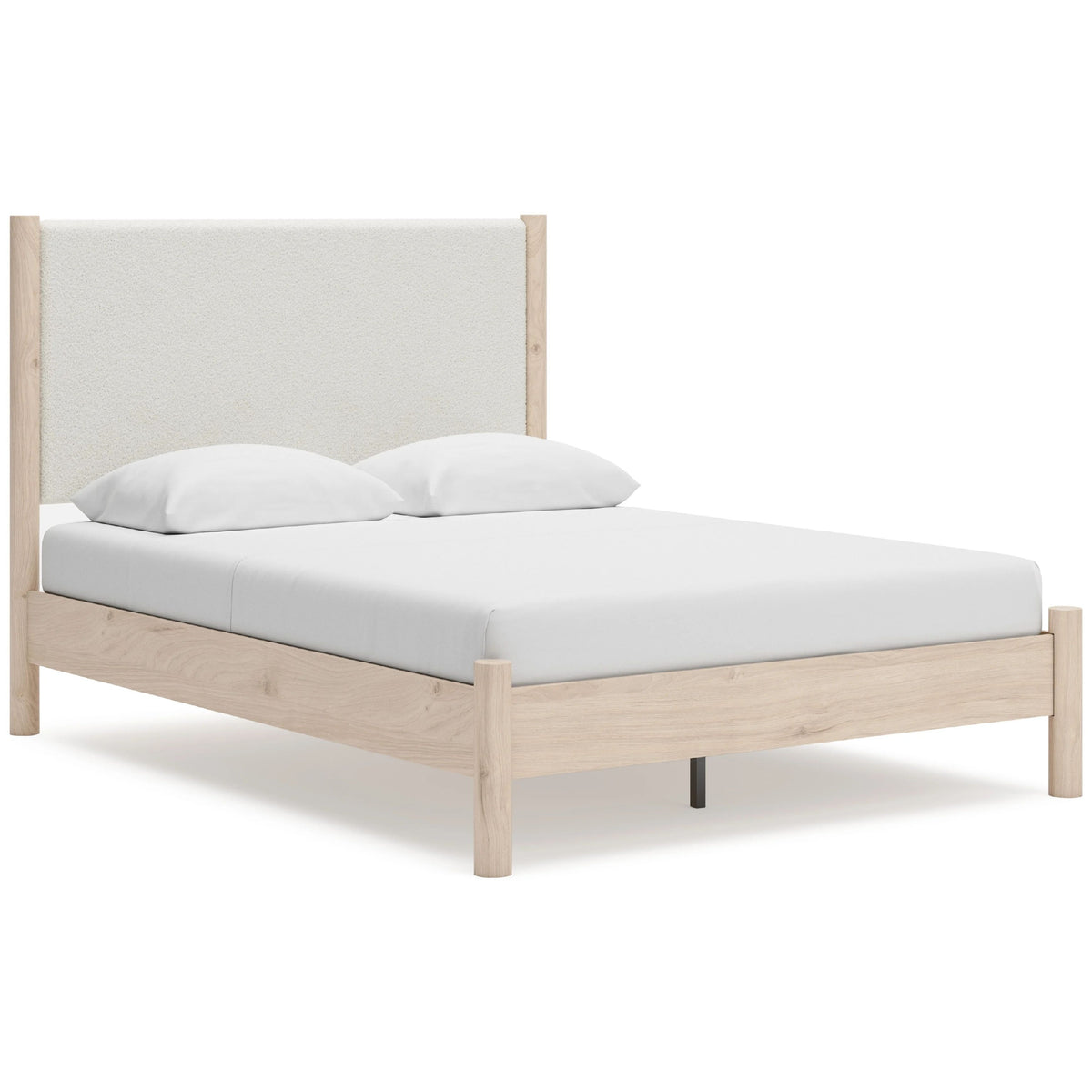 Mooran Queen Size Bed, White Polyester Upholstery, Light Brown Wood