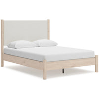 Mooran Queen Size Bed, White Polyester Upholstery, Light Brown Wood