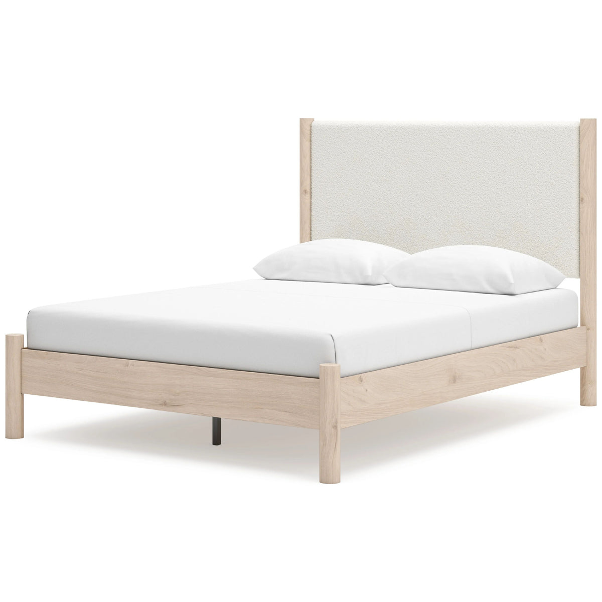 Mooran Queen Size Bed, White Polyester Upholstery, Light Brown Wood