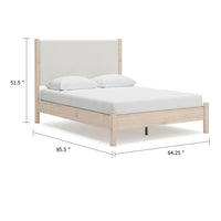 Mooran Queen Size Bed, White Polyester Upholstery, Light Brown Wood