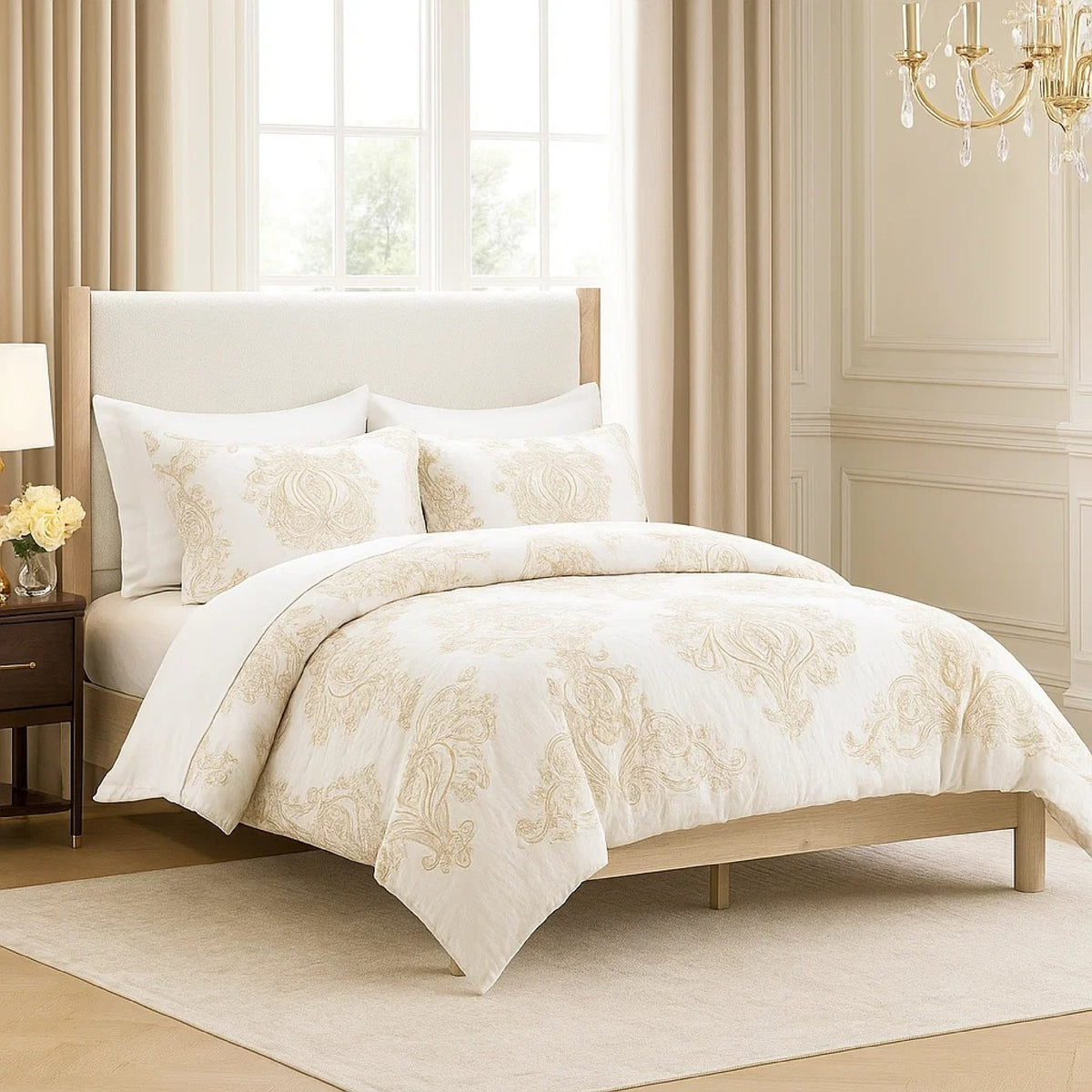 Mooran Queen Size Bed, White Polyester Upholstery, Light Brown Wood