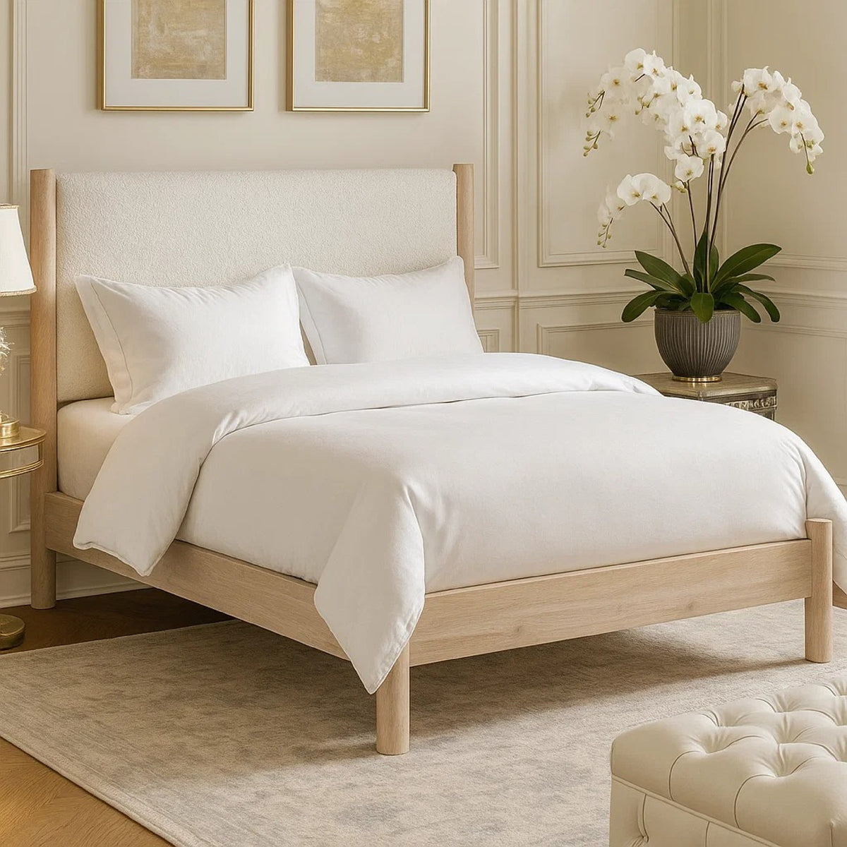 Mooran Queen Size Bed, White Polyester Upholstery, Light Brown Wood