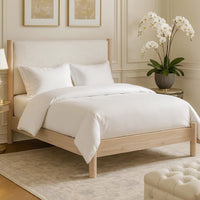 Mooran Queen Size Bed, White Polyester Upholstery, Light Brown Wood