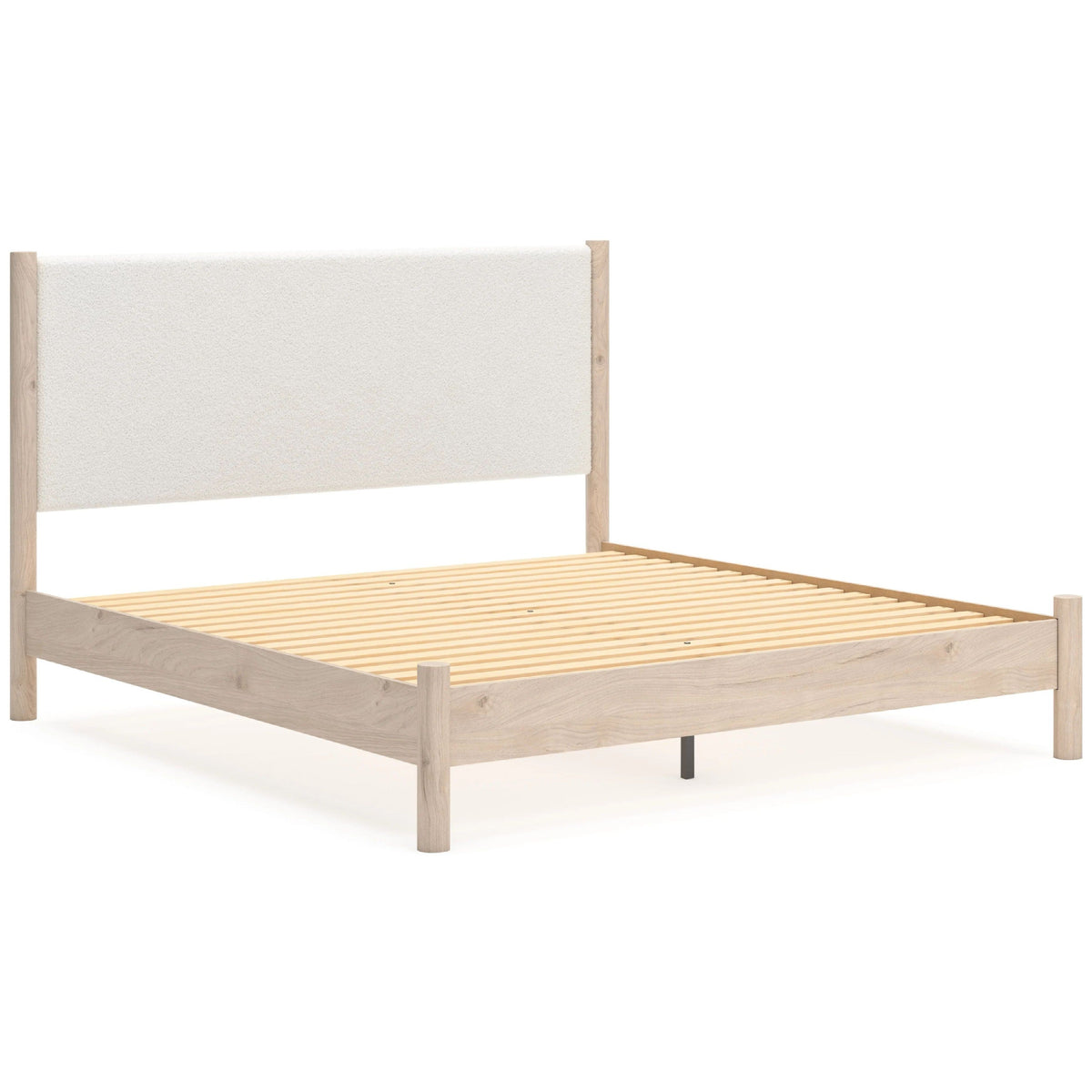 Mooran King Size Bed, White Polyester Upholstery, Light Brown Wood-BM345077