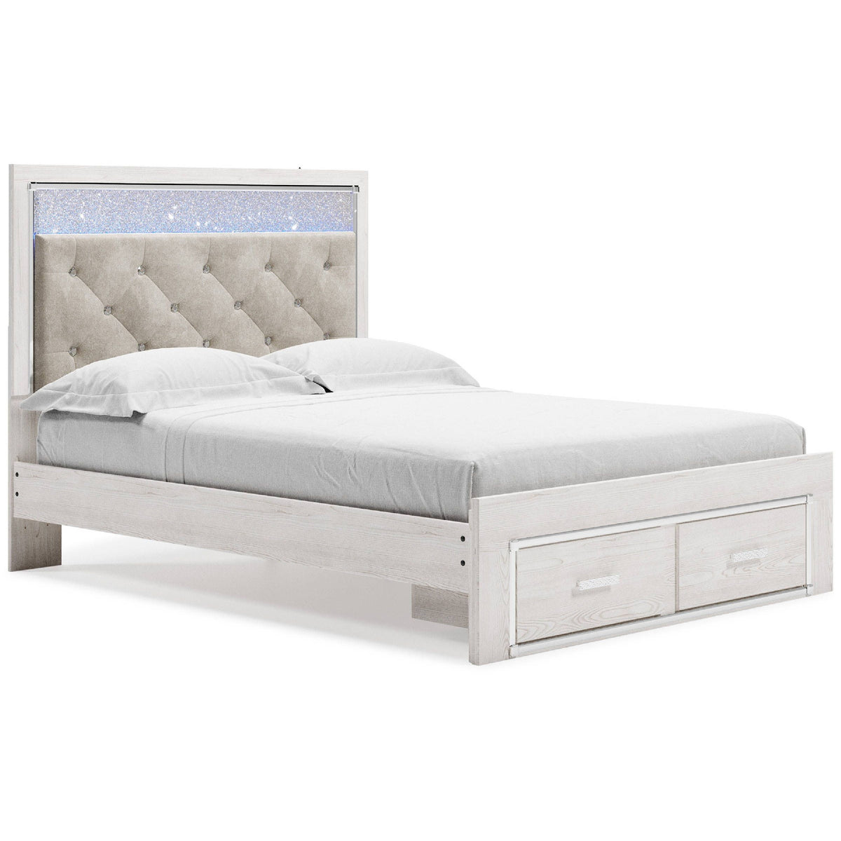 Aly Queen Size Storage Bed w Gray Button Tufted LED Headboard, White