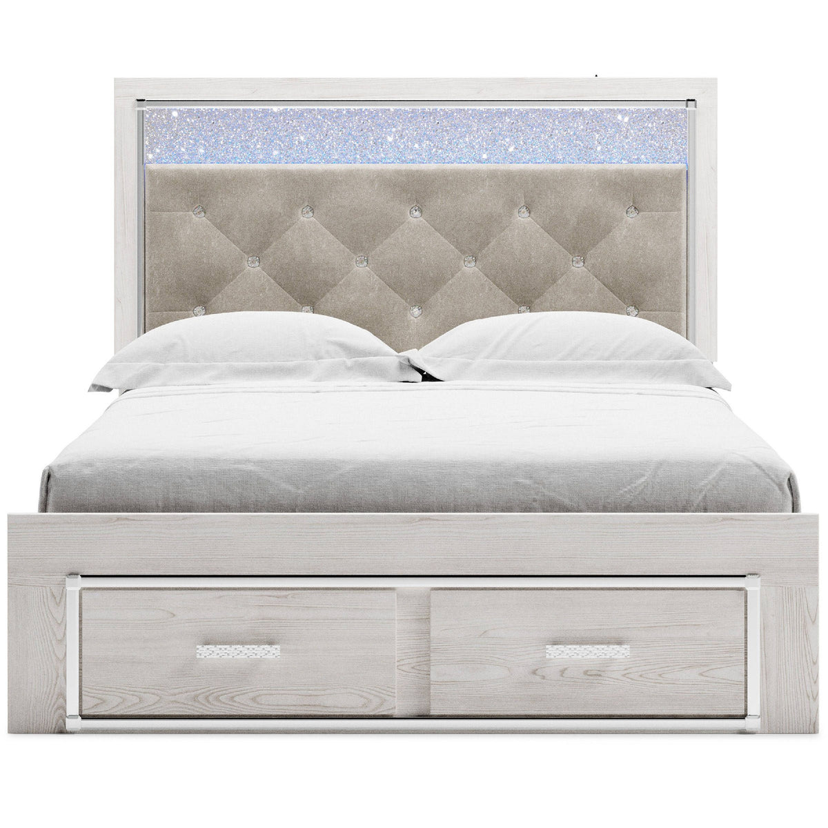 Aly Queen Size Storage Bed w Gray Button Tufted LED Headboard, White