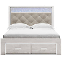 Aly Queen Size Storage Bed w Gray Button Tufted LED Headboard, White