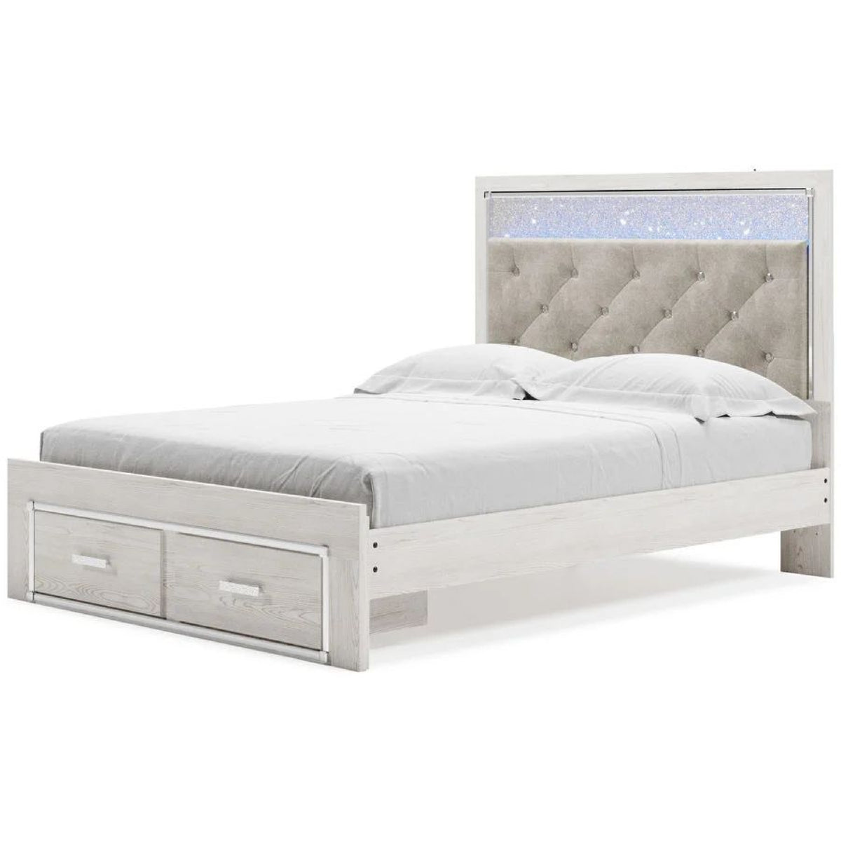 Aly Queen Size Storage Bed w Gray Button Tufted LED Headboard, White