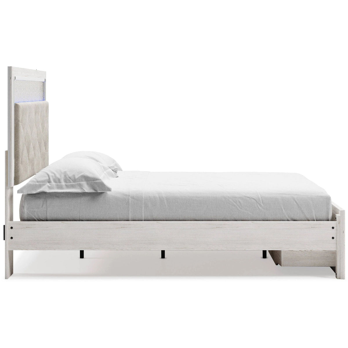 Aly Queen Size Storage Bed w Gray Button Tufted LED Headboard, White