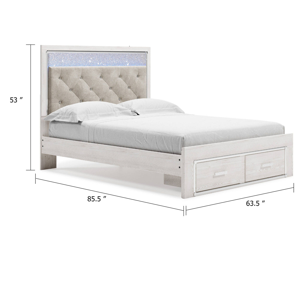 Aly Queen Size Storage Bed w Gray Button Tufted LED Headboard, White