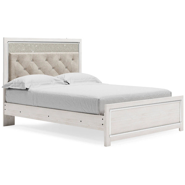 Aly Queen Size Panel Bed w Gray Button Tufted LED Headboard, White