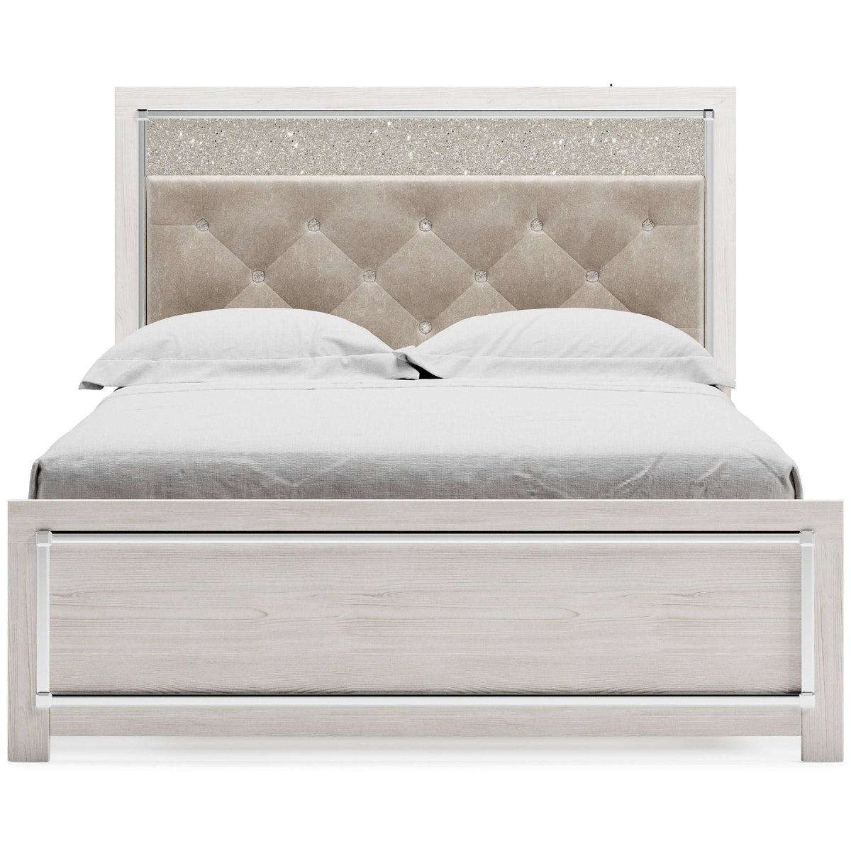 Aly Queen Size Panel Bed w Gray Button Tufted LED Headboard, White