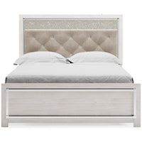Aly Queen Size Panel Bed w Gray Button Tufted LED Headboard, White