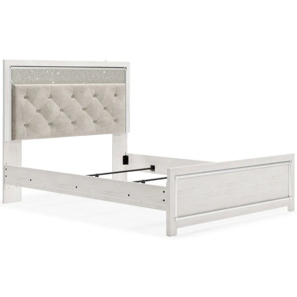 Aly Queen Size Panel Bed w Gray Button Tufted LED Headboard, White