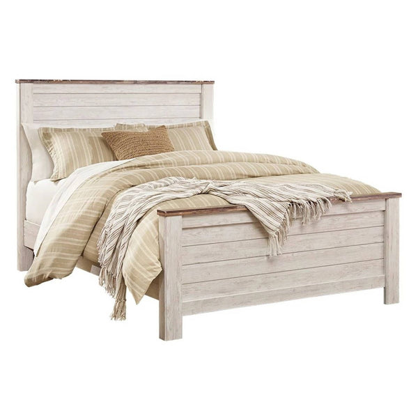 Isla Queen Panel Bed, Faux Planks Block Pattern, Whitewash & Brown Wood