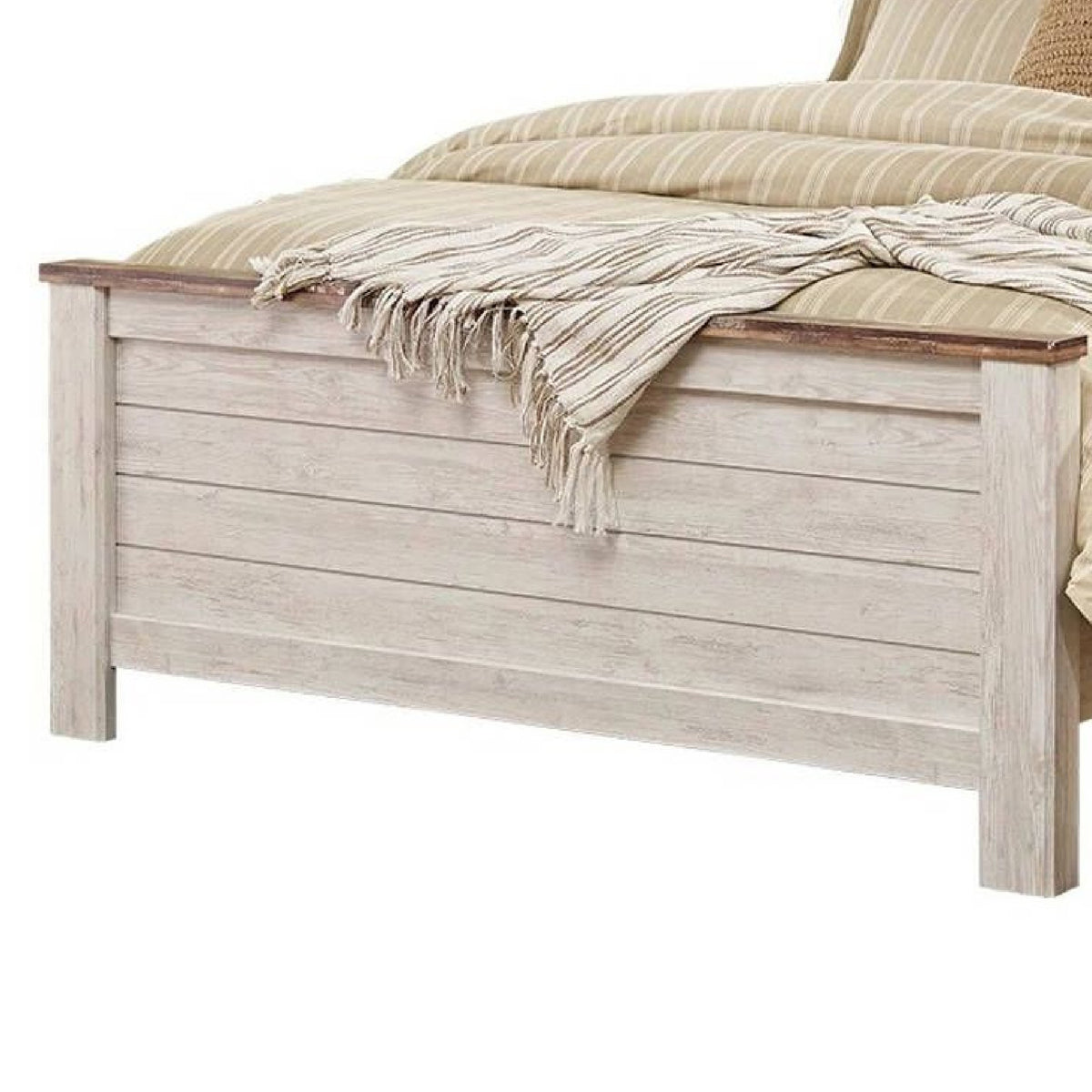 Isla Queen Panel Bed, Faux Planks Block Pattern, Whitewash & Brown Wood