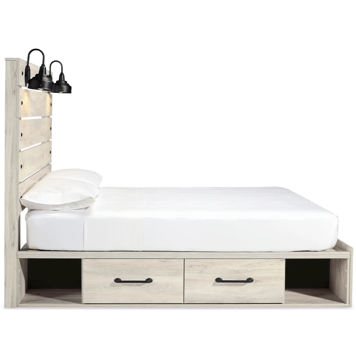 Cemy Rustic Queen Panel Bed, 2 Sconce Lights and Drawers, Whitewash