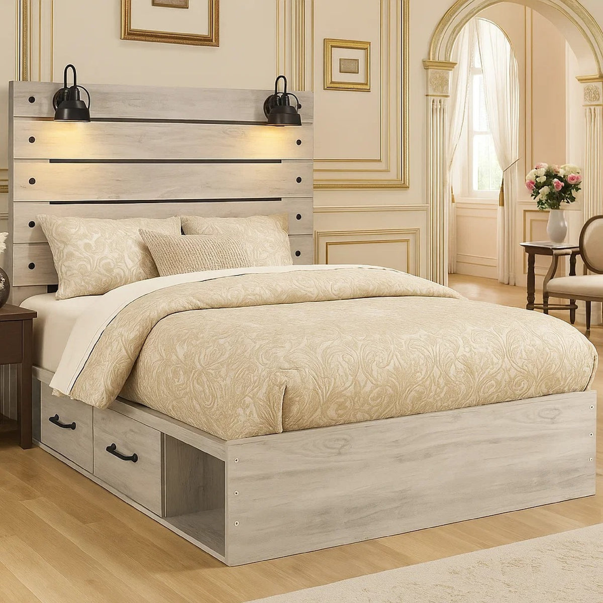 Cemy Rustic Queen Panel Bed, 2 Sconce Lights and Drawers, Whitewash