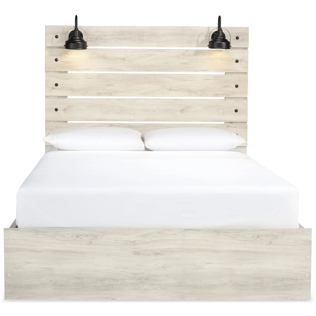 Cemy Rustic King Panel Bed, 2 Sconce Lights and Drawers, Whitewash