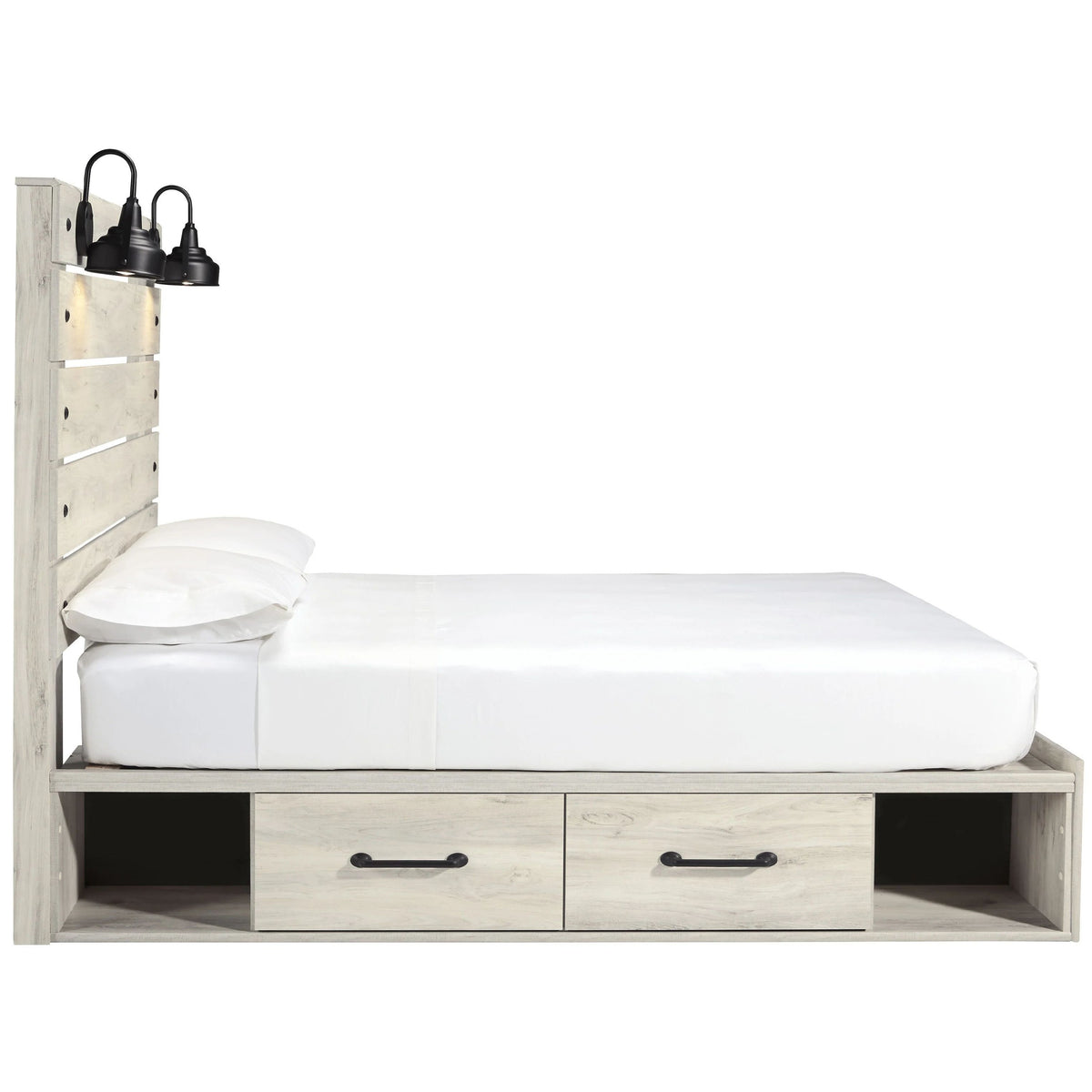 Cemy Rustic King Panel Bed, 2 Sconce Lights and Drawers, Whitewash