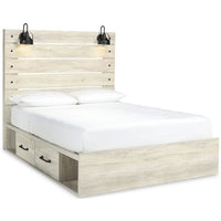 Cemy Rustic Queen Panel Bed, 2 Sconce Lights and 4 Drawers, Whitewash