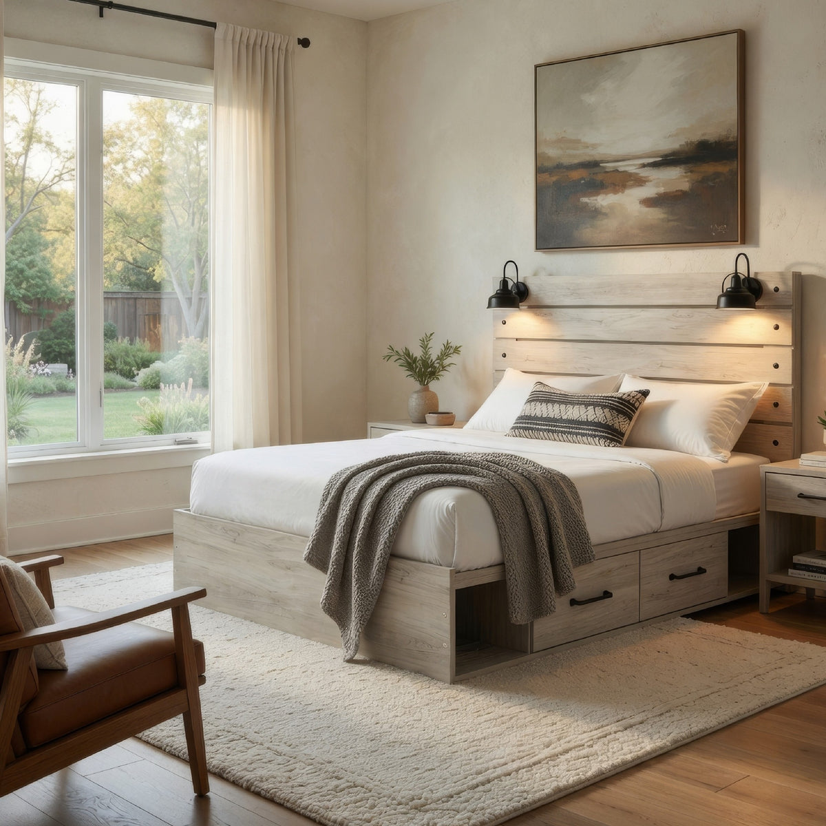 Cemy Rustic Queen Panel Bed, 2 Sconce Lights and 4 Drawers, Whitewash