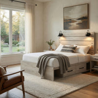 Cemy Rustic Queen Panel Bed, 2 Sconce Lights and 4 Drawers, Whitewash