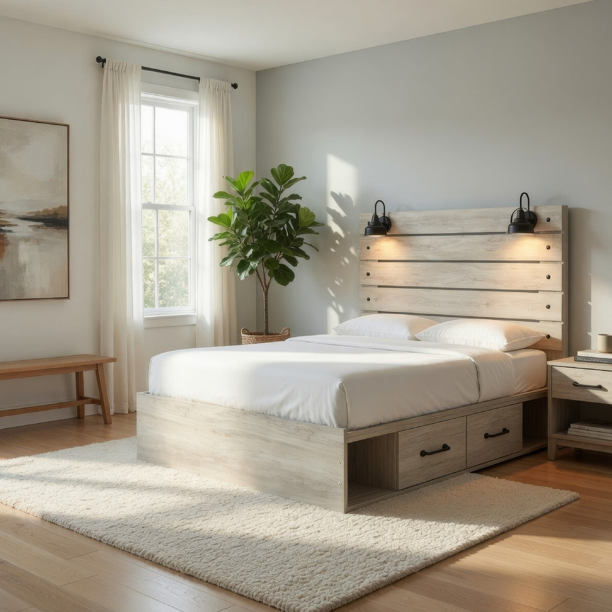 Cemy Rustic Queen Panel Bed, 2 Sconce Lights and 4 Drawers, Whitewash