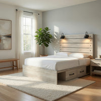 Cemy Rustic Queen Panel Bed, 2 Sconce Lights and 4 Drawers, Whitewash