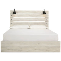 Cemy Rustic King Panel Bed, 2 Sconce Lights and 4 Drawers, Whitewash