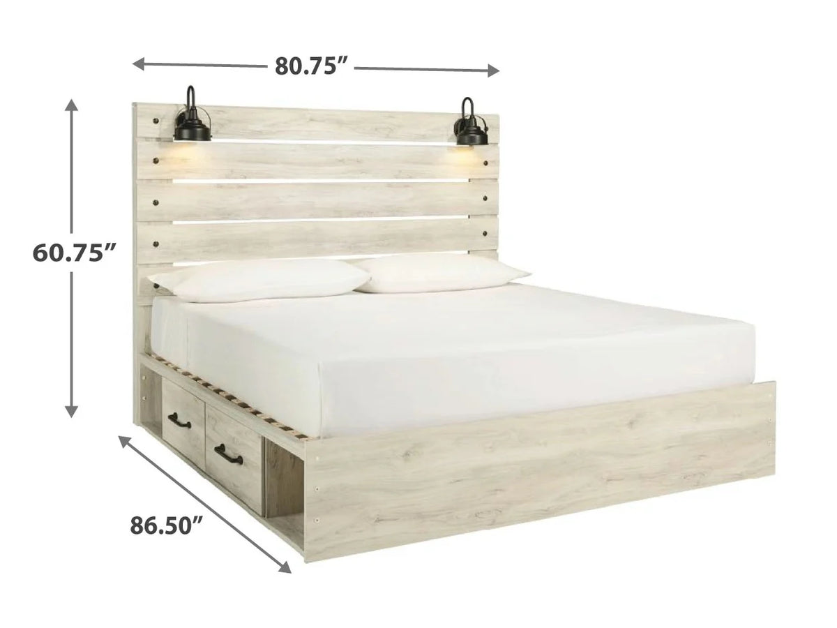Cemy Rustic King Panel Bed, 2 Sconce Lights and 4 Drawers, Whitewash