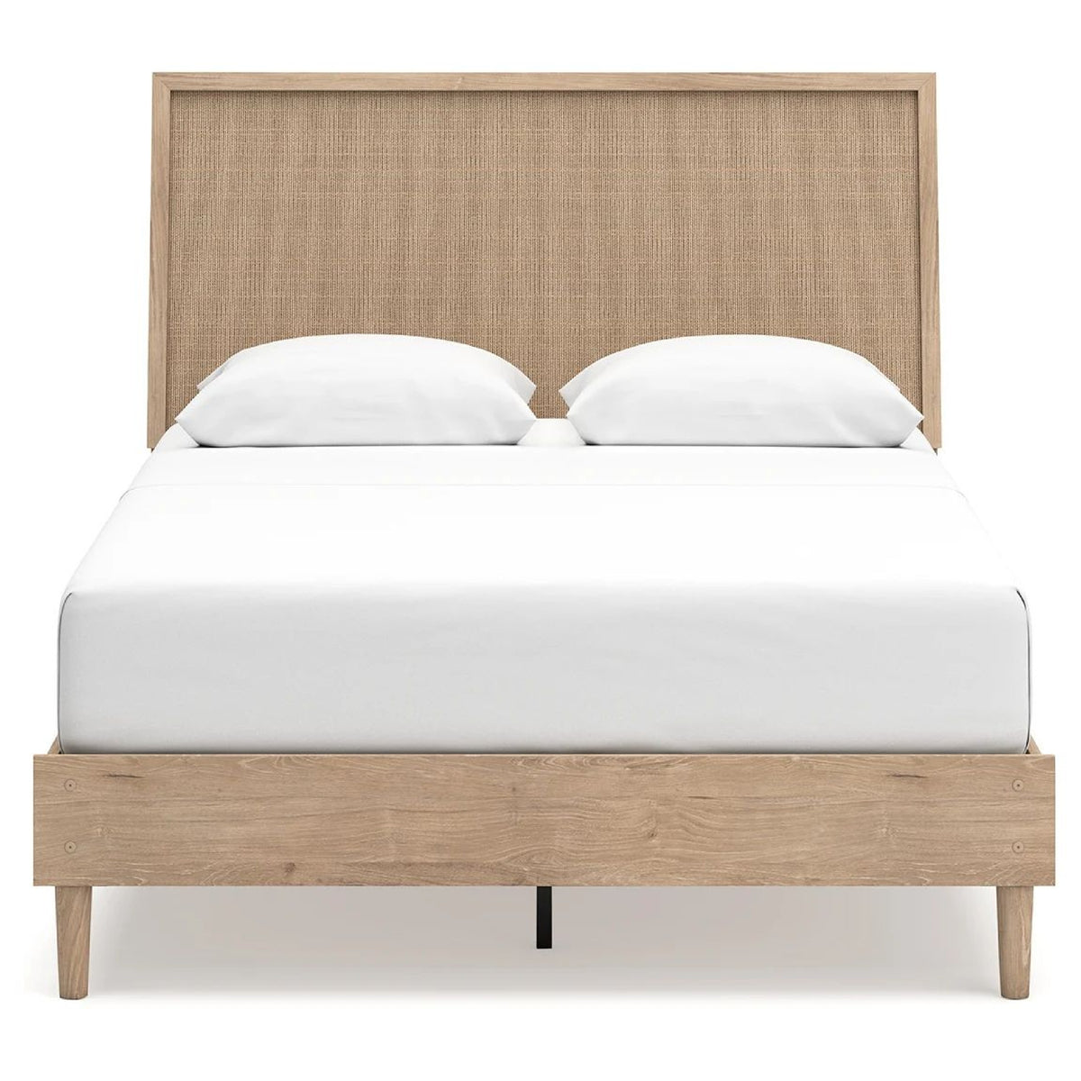 Ciel Queen Panel Bed with Cane Style Headboard, Brown and Beige Wood