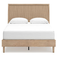 Ciel Queen Panel Bed with Cane Style Headboard, Brown and Beige Wood