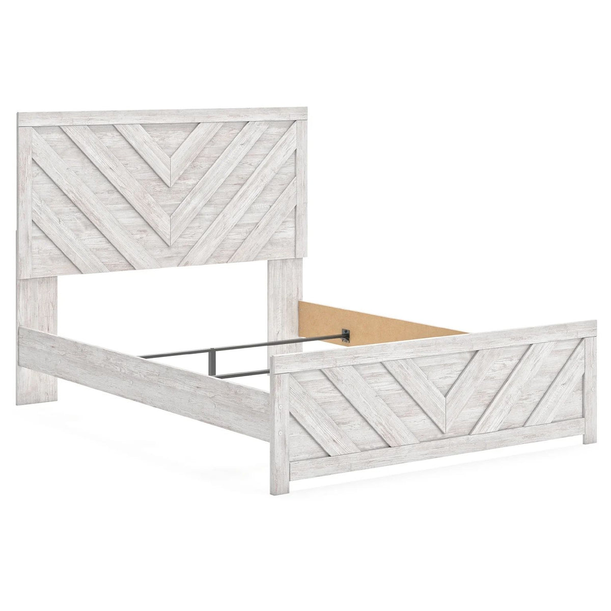 Cany Queen Size Bed, Chevron Pattern, Panel Headboard, Whitewash