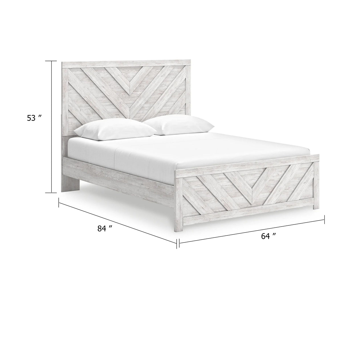 Cany Queen Size Bed, Chevron Pattern, Panel Headboard, Whitewash