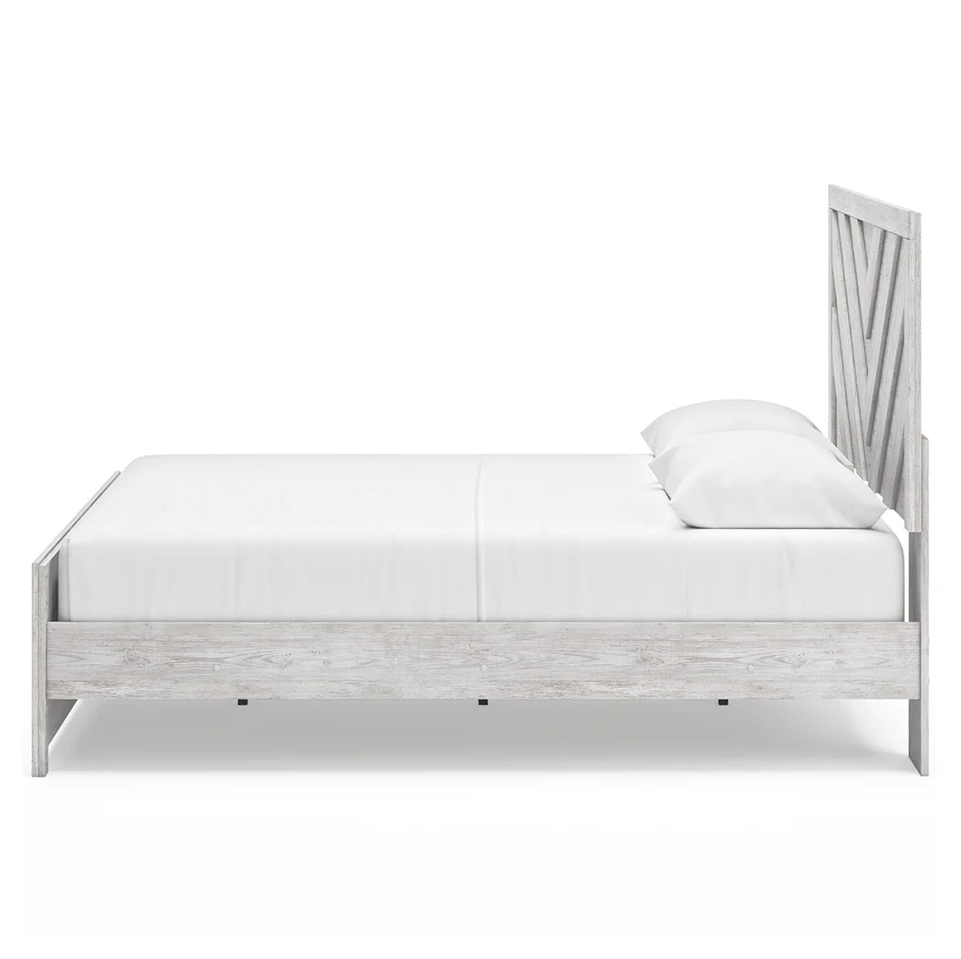 Cany Queen Size Bed, Chevron Pattern, Panel Headboard, Whitewash