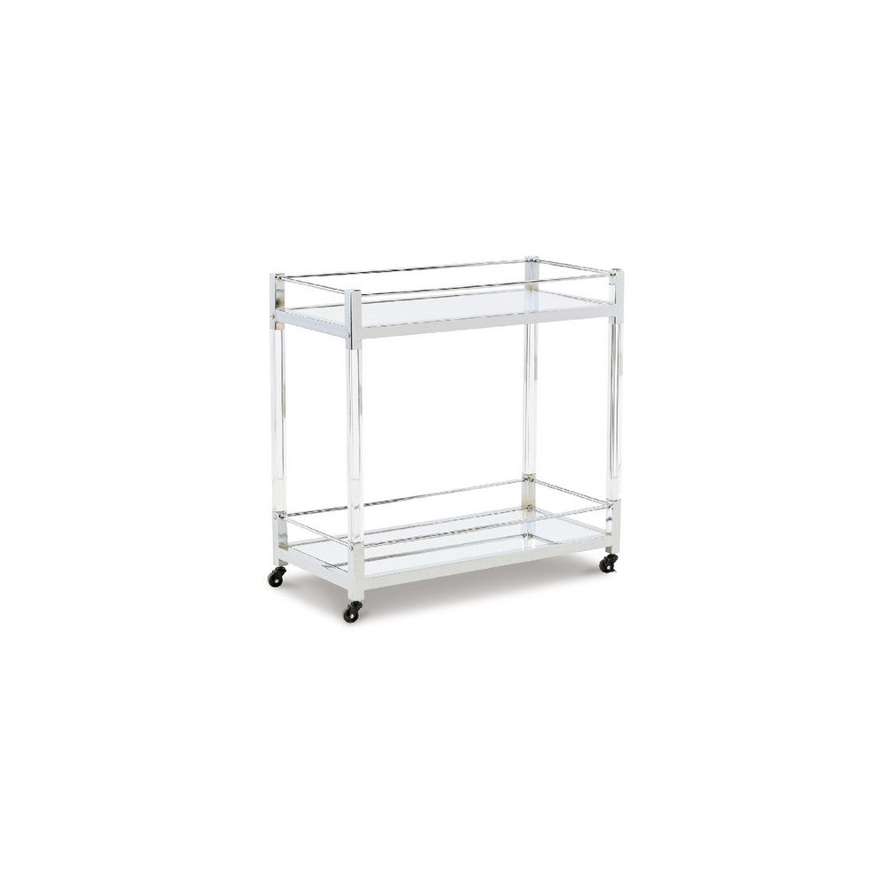 Cho 2 Tier Bar Cart, Mirrored Shelves, Clear Acrylic, Chrome Metal Frame - BM345184