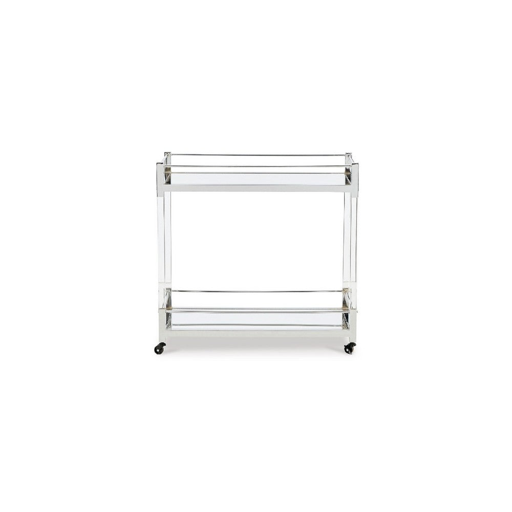 Cho 2 Tier Bar Cart, Mirrored Shelves, Clear Acrylic, Chrome Metal Frame - BM345184