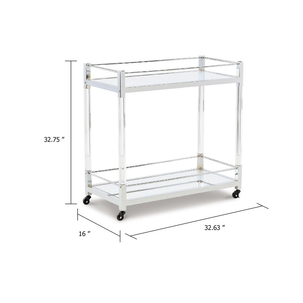 Cho 2 Tier Bar Cart, Mirrored Shelves, Clear Acrylic, Chrome Metal Frame - BM345184