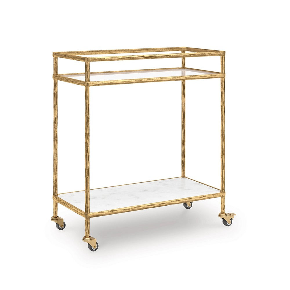 Oery Bar Cart, 2 Tier Glass Top and White Marble Lower Shelf, Brass - BM345186
