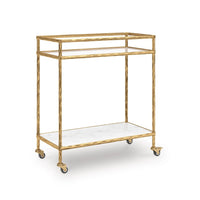 Oery Bar Cart, 2 Tier Glass Top and White Marble Lower Shelf, Brass - BM345186