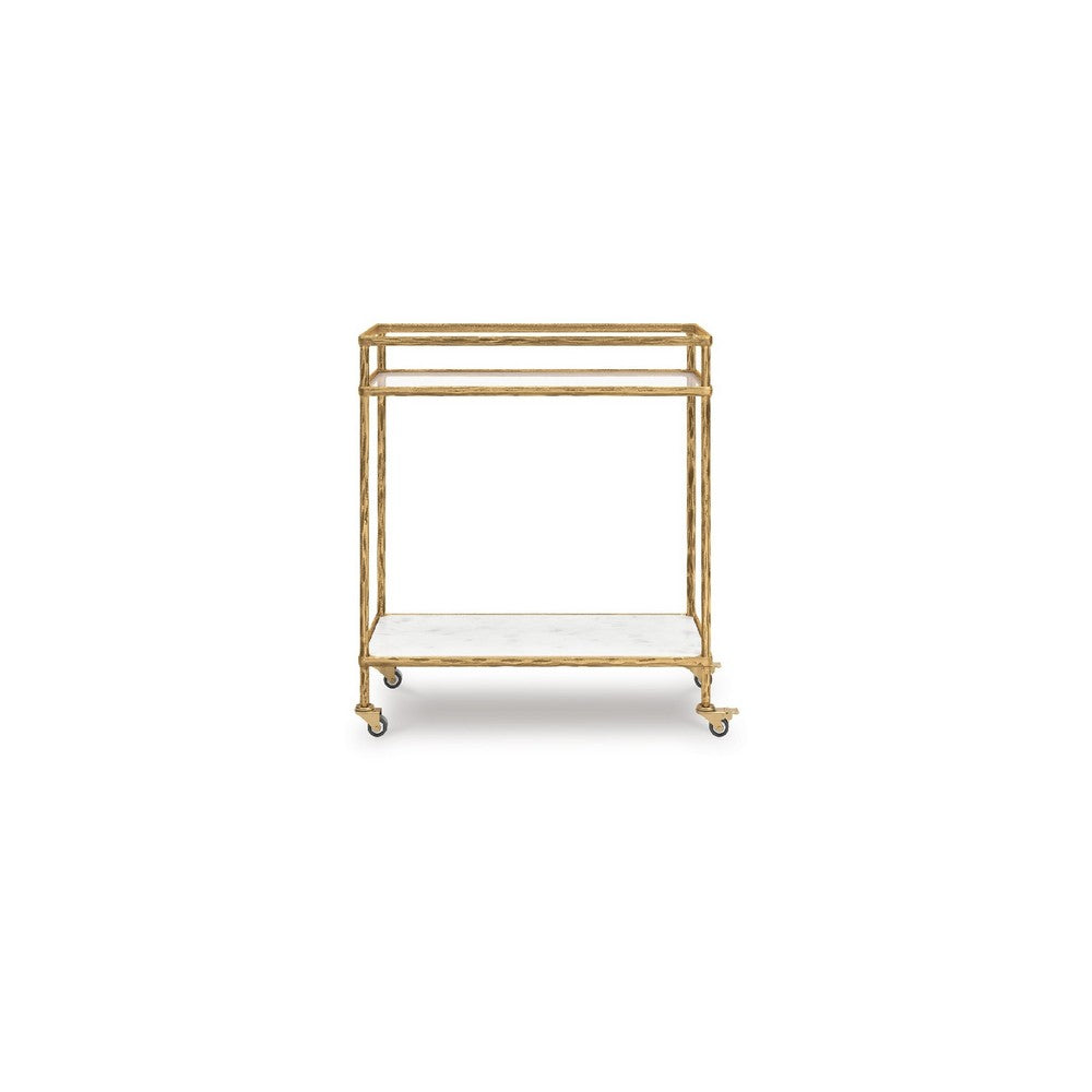 Oery Bar Cart, 2 Tier Glass Top and White Marble Lower Shelf, Brass - BM345186