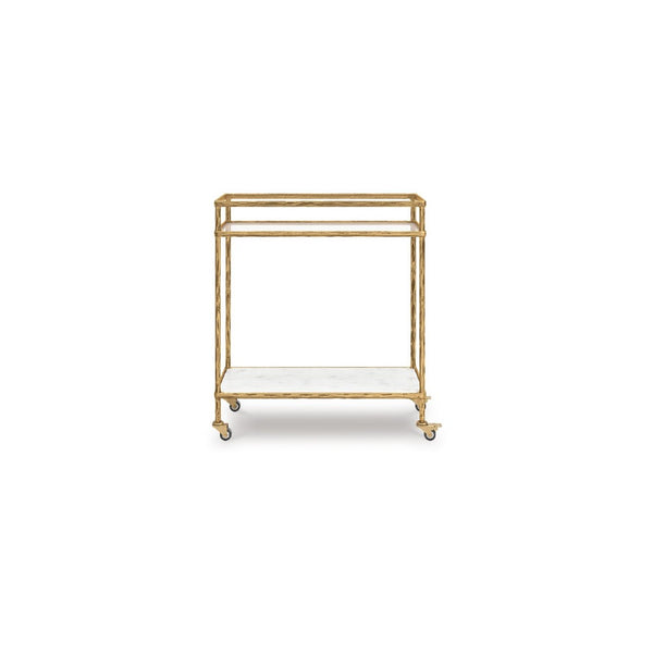 Oery Bar Cart, 2 Tier Glass Top and White Marble Lower Shelf, Brass - BM345186