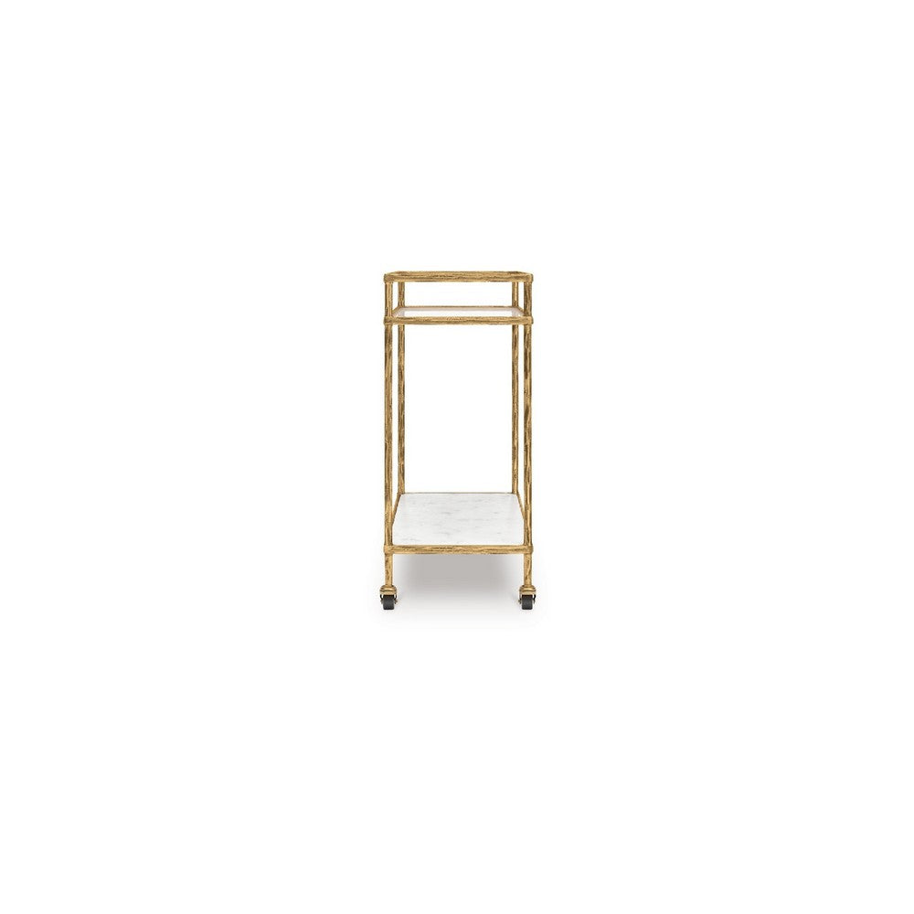 Oery Bar Cart, 2 Tier Glass Top and White Marble Lower Shelf, Brass - BM345186