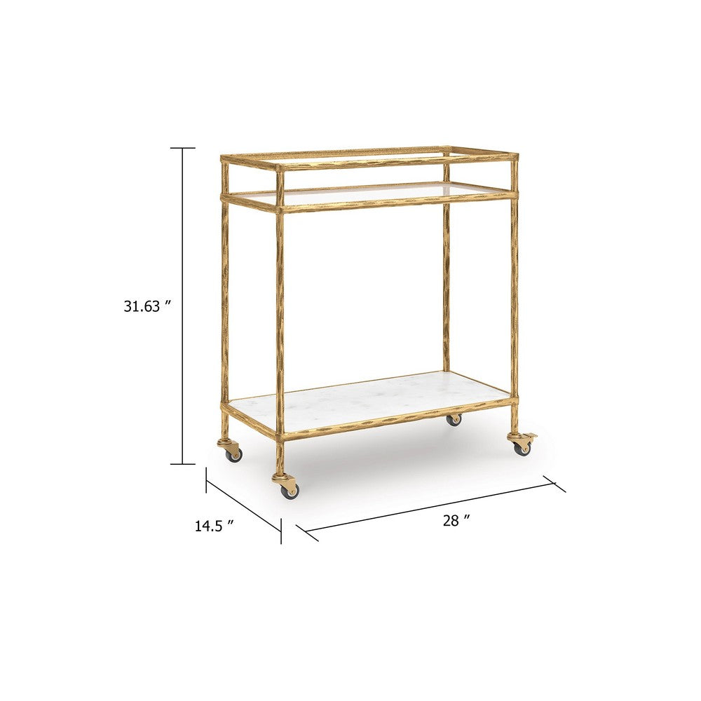 Oery Bar Cart, 2 Tier Glass Top and White Marble Lower Shelf, Brass - BM345186
