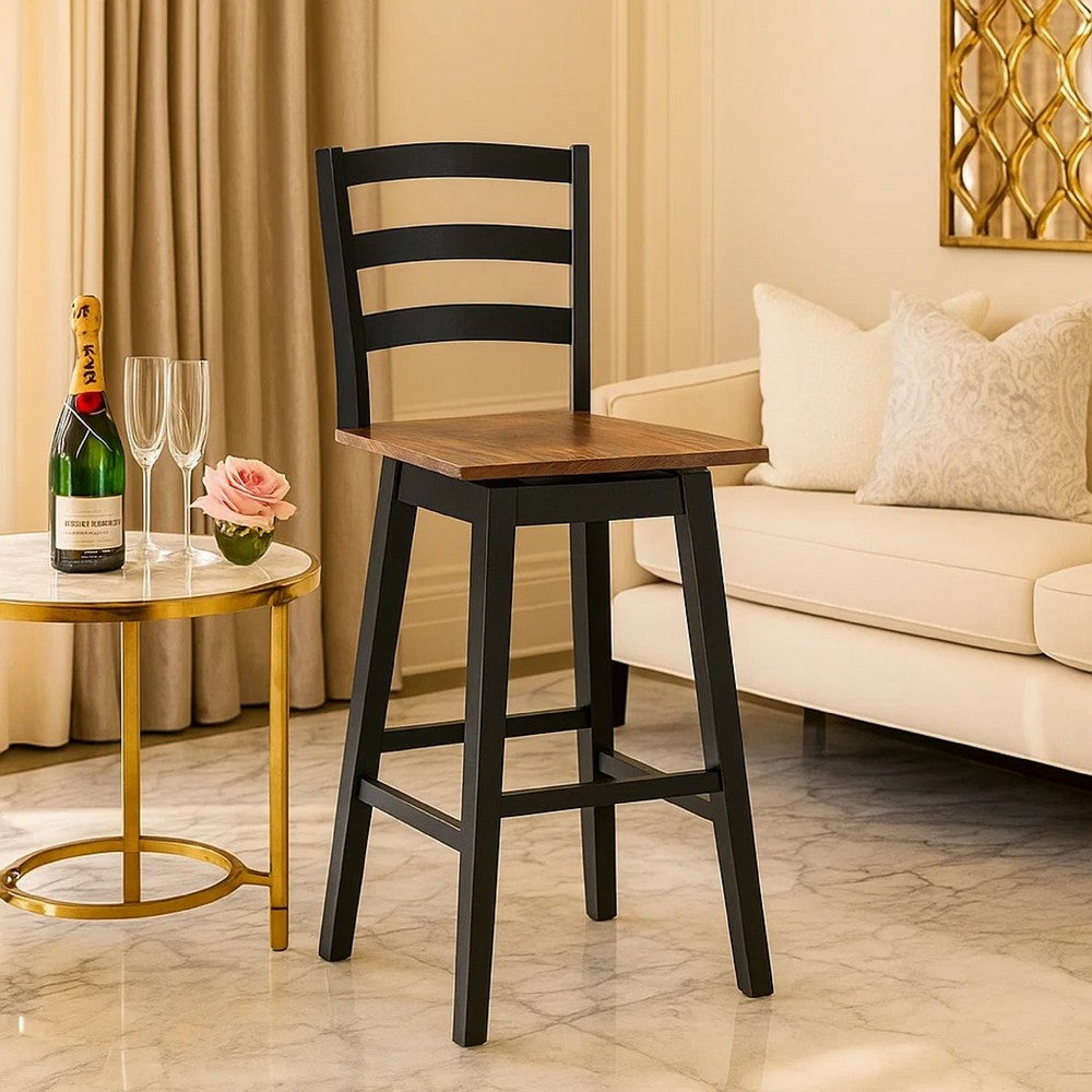 Fleur Swivel Barstool Chair Set of 2, Butcher Block Seat, Black Frame - BM345197