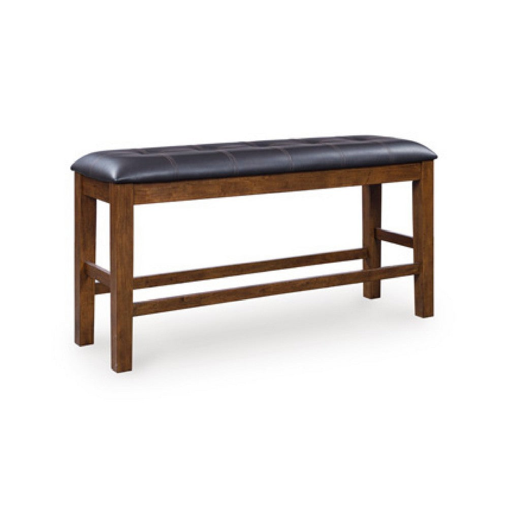 Raly Counter Height Bench, 50 Inch Black Faux Leather Padded, Brown Wood - BM345203