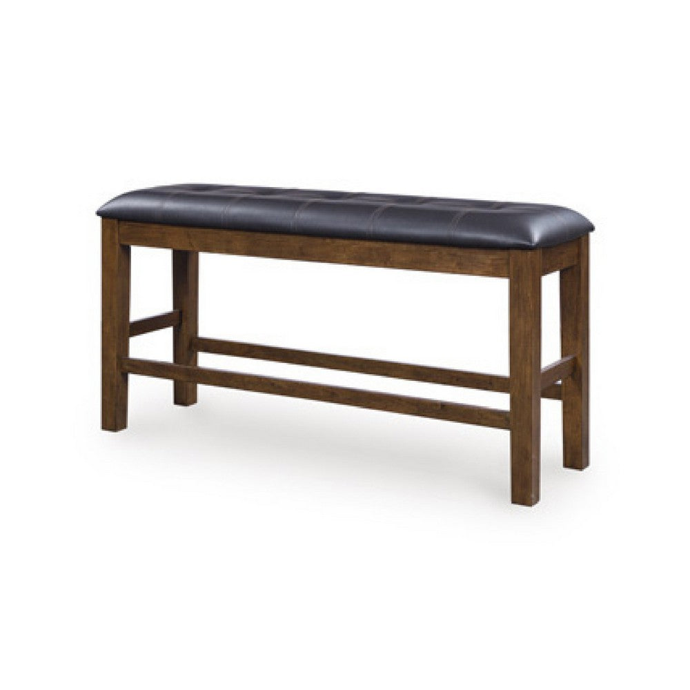 Raly Counter Height Bench, 50 Inch Black Faux Leather Padded, Brown Wood - BM345203