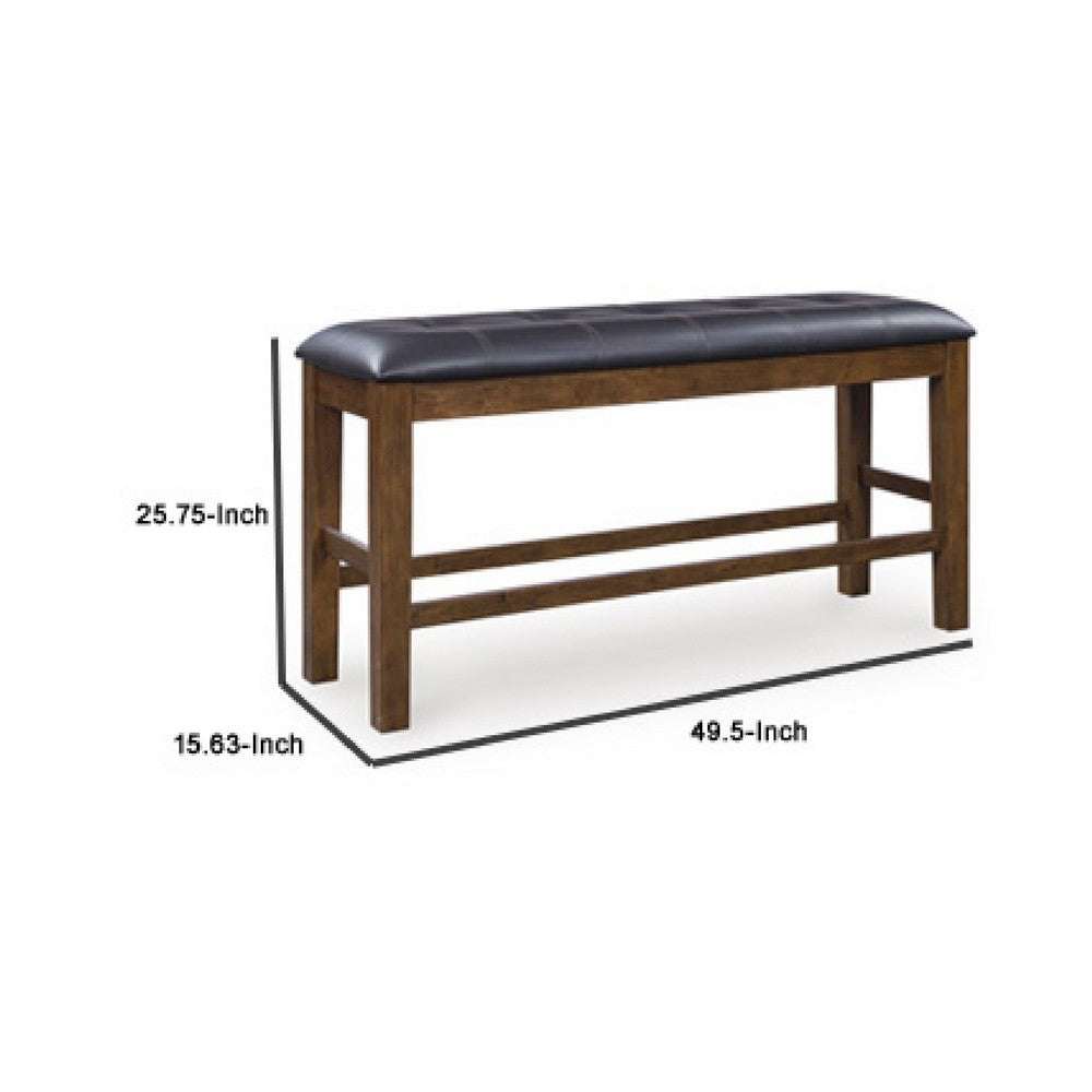 Raly Counter Height Bench, 50 Inch Black Faux Leather Padded, Brown Wood - BM345203